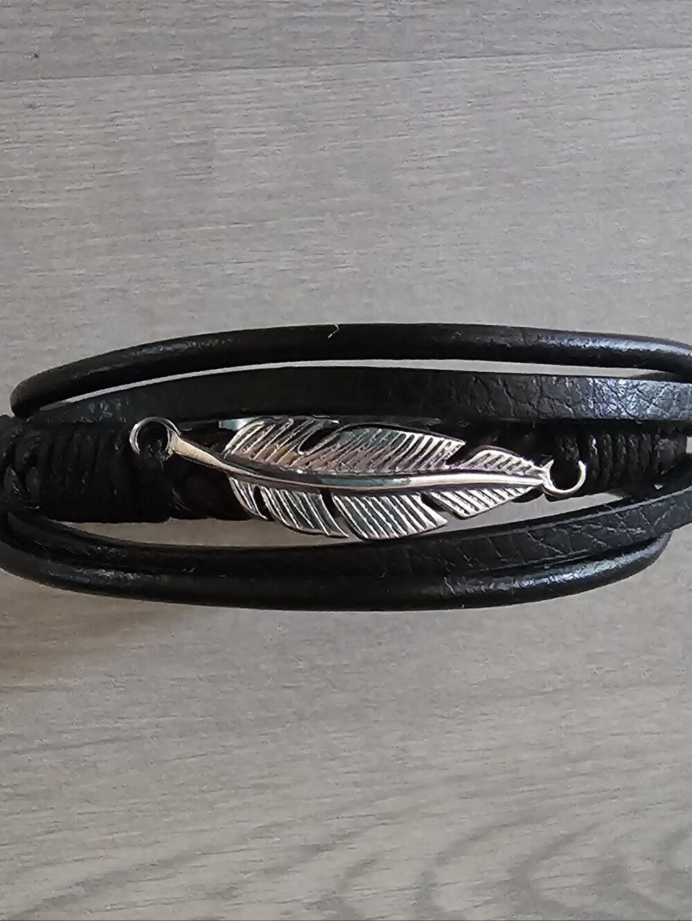 Men’s Black Leather Multi‑Strand Bracelet with Silver Feather Pendant - Picture 5 of 6